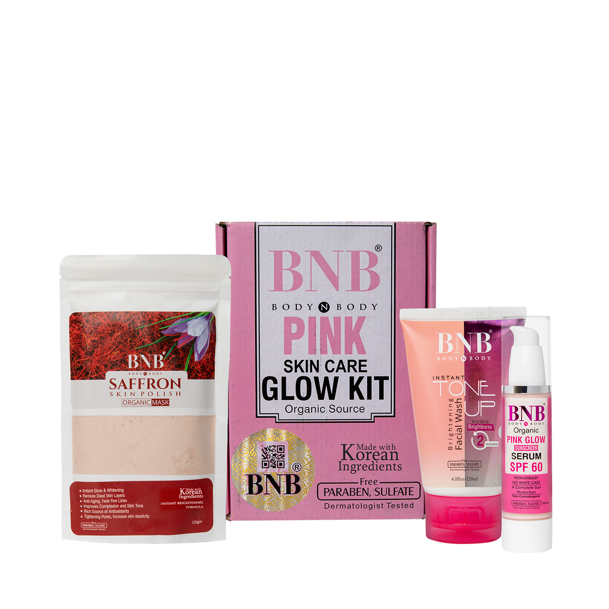 BNB Pink Glow Kit ( Toneup Facewash + Saffron Mask + Pink Glow Sunscreen Spf 60 )